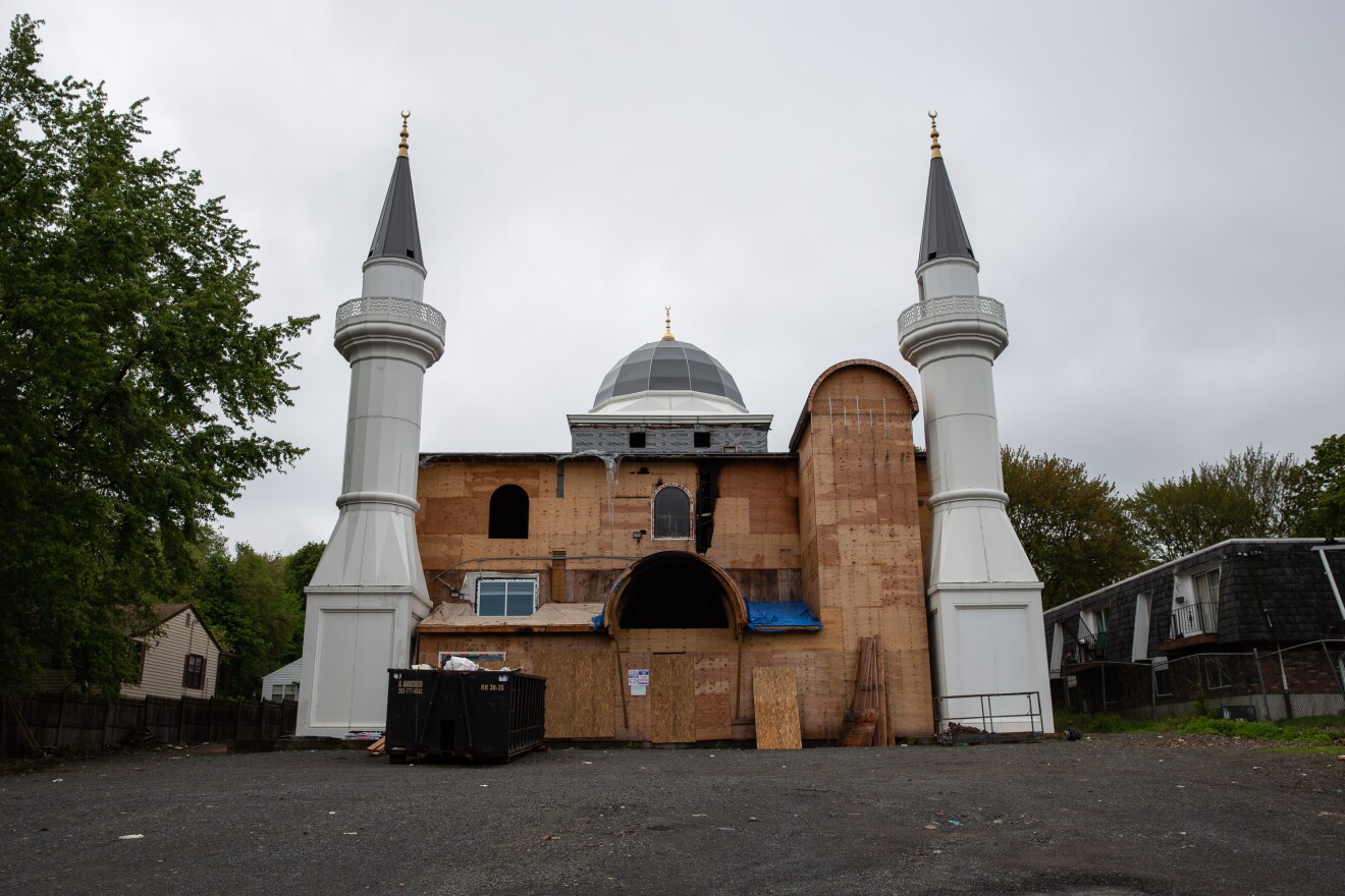 Fire damage at the Diyanet Mosque in New Haven, two days after a blaze that officials now say was intentionally set.